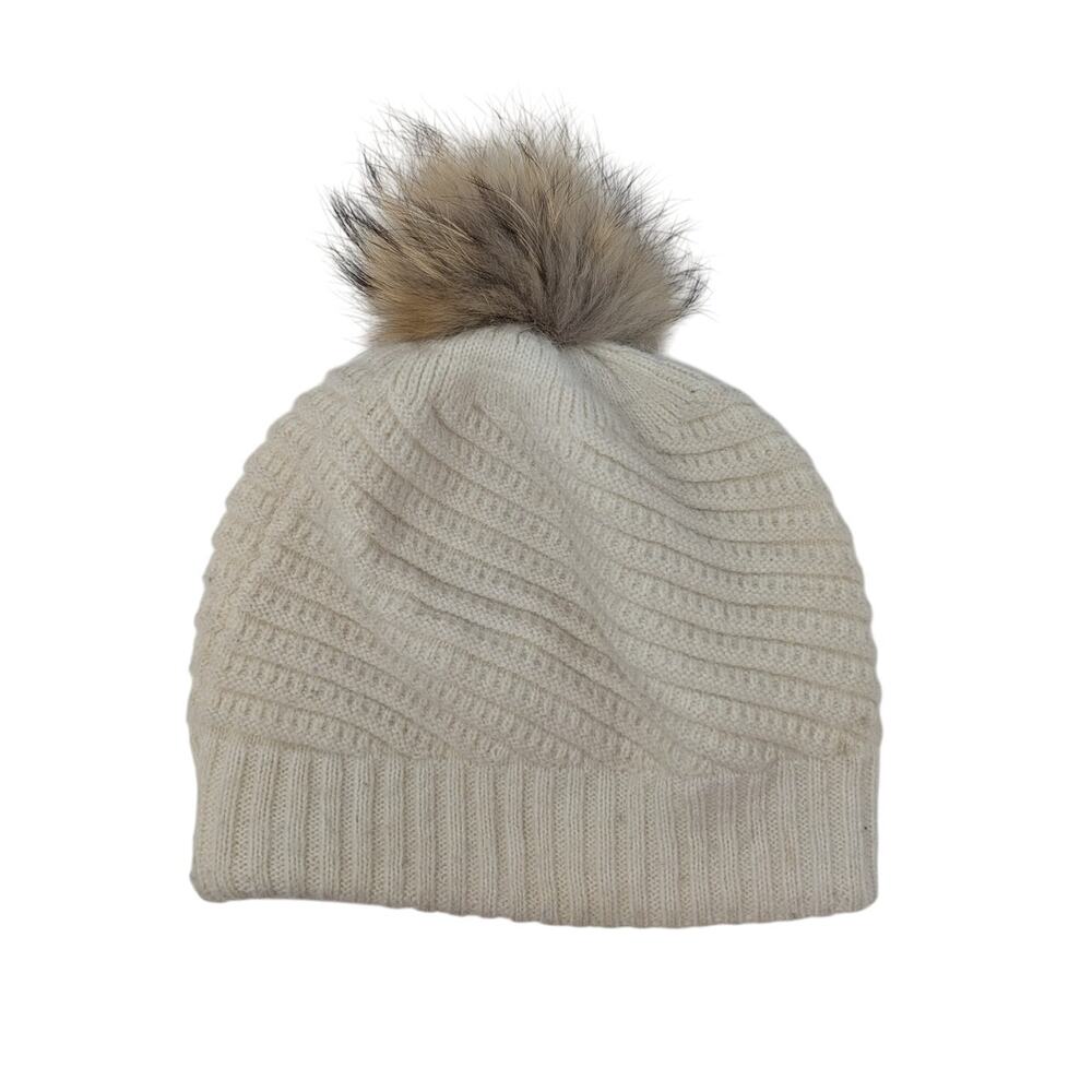 Annabelle Real Fur Dyed Raccoon‎ Pompom Knitted Toque Ivory Winter Ribbed OS